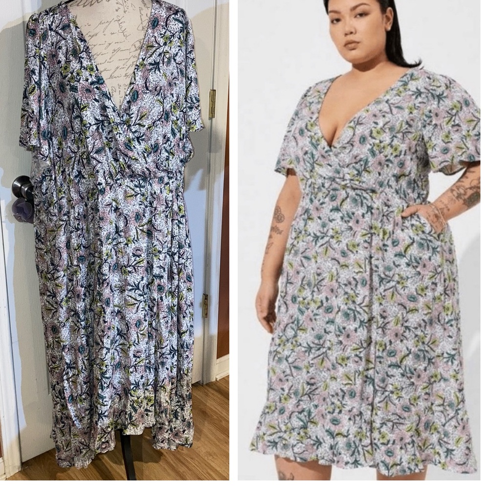 NWT Torrid Midi Swiss Dot Flutter Sleeve Wrap Dress Chessie Linework Floral 5X
